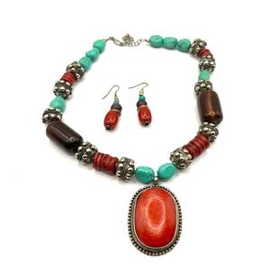 Bohemian Red and Blue Necklace and Earring Set Chunky Large statement Set